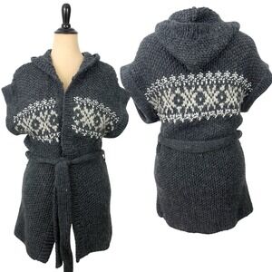 between me & you ANTHROPOLOGIE Cardigan Sweater NEW L Chunky Boho Fair Isle Hood